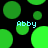 Green circular shapes on black background with light blue text reading 'Abby' in four locations.
