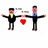 Two pixelated figures in business attire stand side-by-side with arms extended, holding a red heart between them against a white background.
