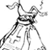 Pixelated grayscale image of a stylized character with exaggerated limbs and dynamic pose, likely from an anime or video game source.