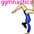Animated sequence of a gymnast in blue leotard performing handstand, with changing text overlays about being 'too sexy' for the sport.