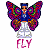 A pixelated animated buddy icon featuring a winged doll with colorful butterfly wings standing on a chess piece base, next to green text reading "Original Icons .com" on a dark background.