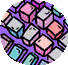 Animated sequence of circular icons with repeating geometric patterns featuring pastel-colored cubes on purple dotted backgrounds.