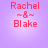 Four identical pixelated images of red text on a purple gradient background, each showing 'Rachel ~8~ Blake' with a central ~8~ symbol.