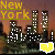 Pixelated cityscape with 'New York' text and a heart symbol, showing two animation states where the heart color changes from yellow to green.