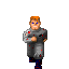 Pixelated character with orange hair and blue eyes in gray outfit with red spots, shown in four running poses against gray background.