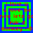 Four identical pixelated display layered text in red and blue on green and blue backgrounds with repeated phrases and a monkey emoticon