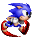 Four pixelated Sonic the Hedgehog frames show running motion with red speed trails, blue fur, white gloves, and brown shoes against a gray background.