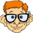 Pixelated cartoon head with orange hair and black glasses on white background, surrounded by cyan text phrases.