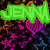 Pixelated text 'JENN' in green, cyan, and purple appears over a dark background with pink and orange hearts.