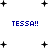 Blue text 'TESSA!!' appears in multiple positions surrounded by black plus signs on a white background with scattered dots and smaller pluses.