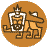 Pixelated circular icon with brown background showing a stylized figure holding an hourglass and a staff, rendered in orange-brown tones.