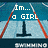 Pixelated icon shows a swimmer with text overlays about being a girl athlete and rockin' the world, set against a pool background with lane markers.