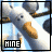 A 3x3 contact sheet of a 9-frame animated icon showing a white stick figure with orange feet running on a blue sky background, each frame displaying the word "NINE" in black text.