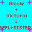 Pixelated red text on cyan background with pink stars, displaying 'Nicole + Victoria = 3FFL+SISTER' repeated twice in a