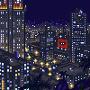 Pixel art cityscape at night with illuminated windows, streetlights, and a red square icon featuring two white eyes on a building facade.