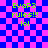 Pixelated green text on blue and pink checkered background with animated distortion effects.
