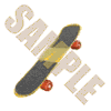 skateboard icons in various orientations with red wheels and yellow accents on a white background
