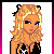 Pixel art of a blonde woman with blue eyes in black bikini top, followed by torso and legs in black thong bikini, then feet holding black box with white rabbit logo.