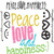 Pixelated icon with 'Peace Love Happiness' text in yellow, pink, and green, surrounded by peace symbols on a white background.