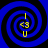 Four identical blue spiral patterns with black outlines, each containing yellow text and symbols arranged vertically.
