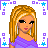 Pixel art contact sheet showing multiple views of a blonde cartoon character in purple top and white skirt with decorative border elements.