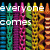 Pixelated text reads 'everyone in there comes down shapes and colors' over a repeating pattern of colorful vertical stripes with floral or abstract motifs.