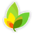 Pixelated green leaf icon with yellow-orange gradient center, two overlapping leaves, and a small stem on white background.
