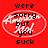 Red background with black text reading 'were sorry but you suck' inside a white oval outline, featuring pixelated animation changes in the central area.