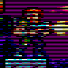 Pixelated figure in dark attire with multicolored horizontal stripes against black background, featuring purple and blue accents.