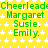 Yellow background with white stars, green text repeating 'Cheerleader Margaret Susie Emily' in three
