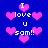 Pixelated blue background with pink hearts and white text reading 'I love u sam!!' in multiple arrangements.