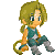 Pixel art character with blonde hair, blue eyes, and a green sleeveless top sitting in various poses