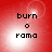 Red background with four identical displaying 'burn o rama' text and a bright white circular glow that shifts position across the