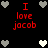 Black background with red text "I love jacob" and pixelated heart symbols in gray and white arranged around the perimeter.