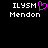 Pixelated text 'ILYSM' and 'Mendon' with a pink heart symbol replacing the 'O' in 'Mendon', displayed on black background.