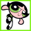 Pixelated cartoon character with green eyes and black hair in three distinct poses: floating, pointing upward, and running.