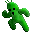 Two side-by-side pixelated green cactus-like characters with black eyes and mouths, one in a running pose and the other waving, on a gray background.