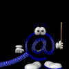 Animated character with blue @ symbol head, white eyes and feet, holding a brown stick in various poses against black background.