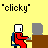 Pixelated animation of a red figure at a desk with gray monitor, showing sequential changes from seated to standing and back to seated.