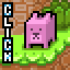 Pixel art of a pink quadrupedal creature with dark eyes and nose, standing on green grass against brown terrain and pixelated trees. Vertical text "CLICH" appears left of the figure.