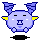 Pixelated blue creature with yellow ear accents and dark blue horns, displaying four distinct facial expressions