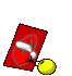 Red card with Santa hat and heart symbol, yellow ball attached by string, red hearts floating in sequence.