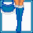 Pixel art contact sheet showing three frames of a cheerleader character with blue-and-white outfit, holding a bag and posing in different angles against white background with decorative text.