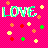 Pixelated 'LOVE' text in green and cyan hues on a bright pink background with scattered orange, yellow, red, and green pixel shapes.