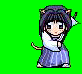 Pixel art character with dark hair, cat ears, and a tail in traditional clothing against green background showing multiple poses.