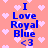 Pixelated text 'I Love Royal Blue <3' on a pink background with white hearts, displayed in two vertical