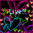 Animated icon with black background, pink and purple heart outlines, yellow-green floral shapes, and cyan text changing from Live!! to Love!! to Laugh!!