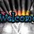 Animated icon with four distinct scenes: a blue 'Welcome' text over a fiery background, a green '2 My' text over a heart-shaped coffee, a 'shop' text over a floral pattern, and a blank gray