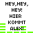 Pixelated text and green bars animate across a white background, displaying repeated phrases with 'ALEX!' in the center.