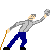 Pixelated animation of a character in gray shirt and blue pants performing sequential actions with a wooden stick against light gray background.